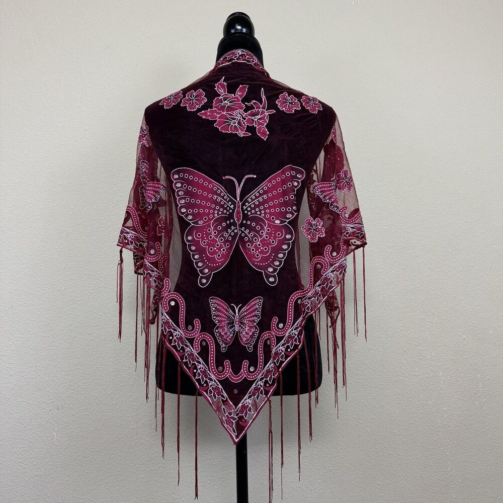 Shawl Wrap Womens One Size Red Butterfly Floral Fringe Chiffon Boho FairyCore